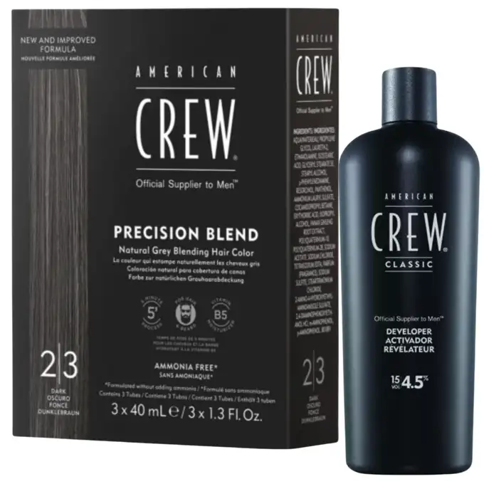 American Crew Precision Blend Odsiwiacz repigmentacja Kolor ciemny 2-3 3x40ml + American Crew Precision Blend Utleniacz 4,5% - 500ml