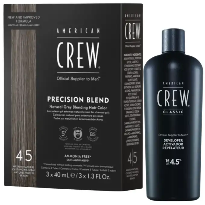 American Crew Precision Blend Odsiwiacz repigmentacja Kolor średni naturalny 4-5 3x40ml + American Crew Precision Blend Utleniacz 4,5% - 500ml