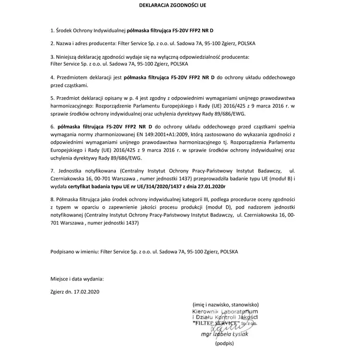 Filter Service FS-20V FFP2 NR D wielorazowa półmaska maseczka ochronna