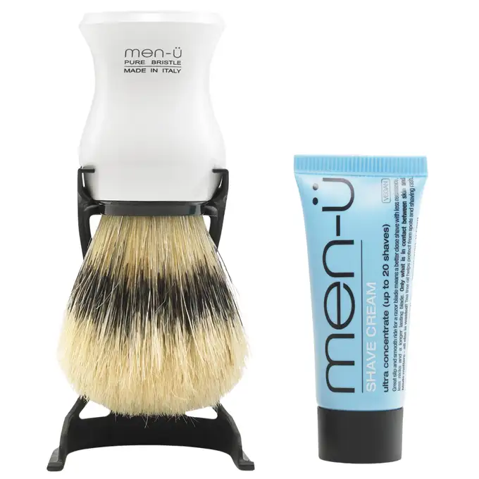men-u Barbiere zestaw biały pędzel + stojak + mini krem do golenia 15ml