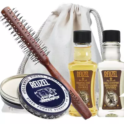 Zestaw do stylizacji włosów - Reuzel fiber Pomade, grooming tonic i szampon oraz roller do włosów ZEW