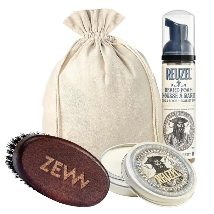 Zestaw do pielęgnacji brody - Balsam i pianka do brody Reuzel Wood &amp; Spice oraz mały kartacz do brody ZEW