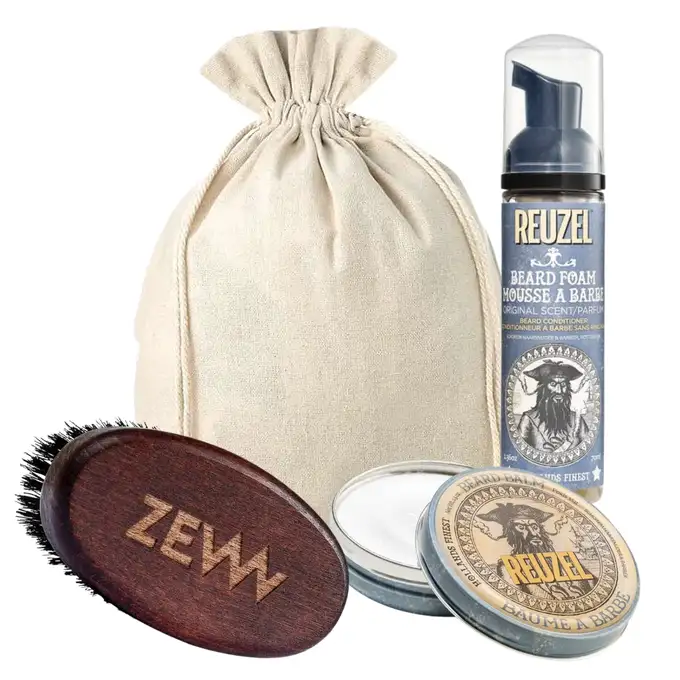 Zestaw do pielęgnacji brody - Balsam i pianka do brody Reuzel oraz mały kartacz do brody ZEW
