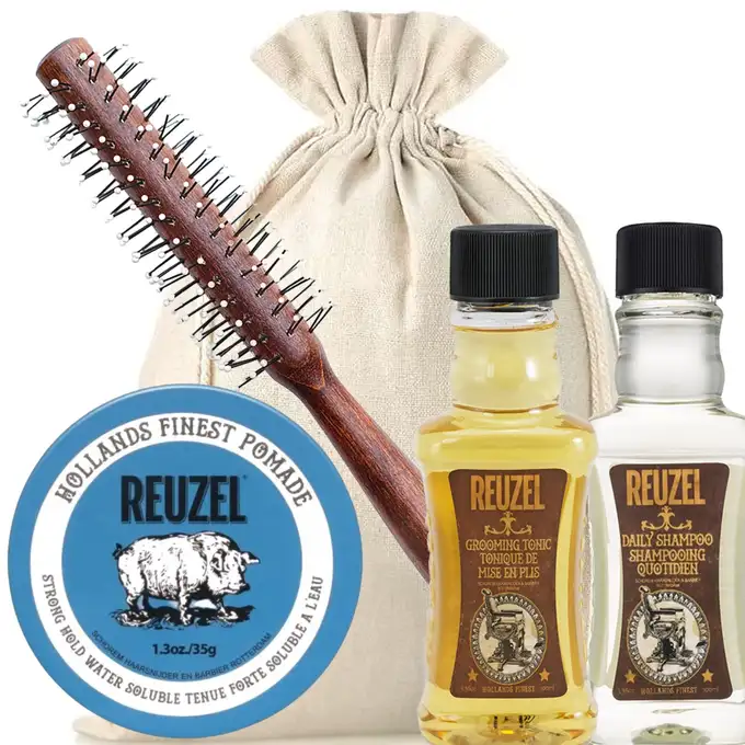 Zestaw do stylizacji włosów - Reuzel Blue Pomade, grooming tonic i szampon oraz roller do włosów ZEW
