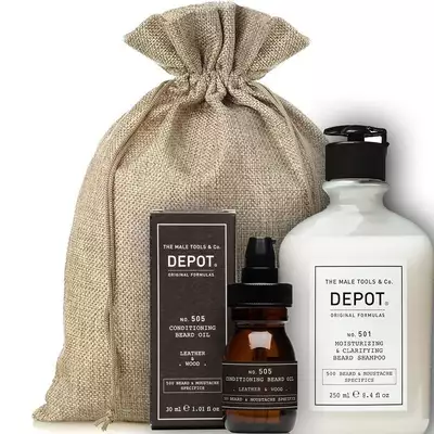 Zestaw Depot do brody - Odżywiający olejek do brody o zapachu drewna i skóry oraz szampon