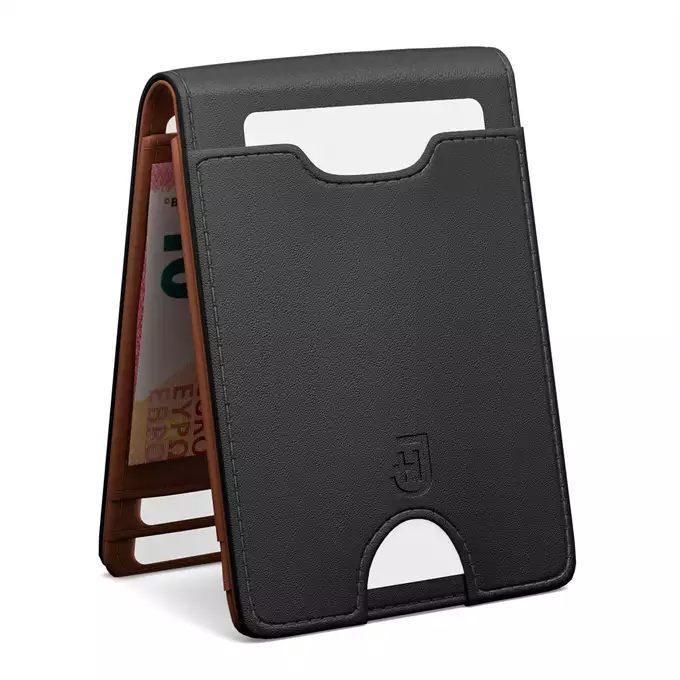 James Hawk Smart Wallet Black - Portfel w kolorze czarnym z brązowym wnętrzem oraz gumką na banknoty