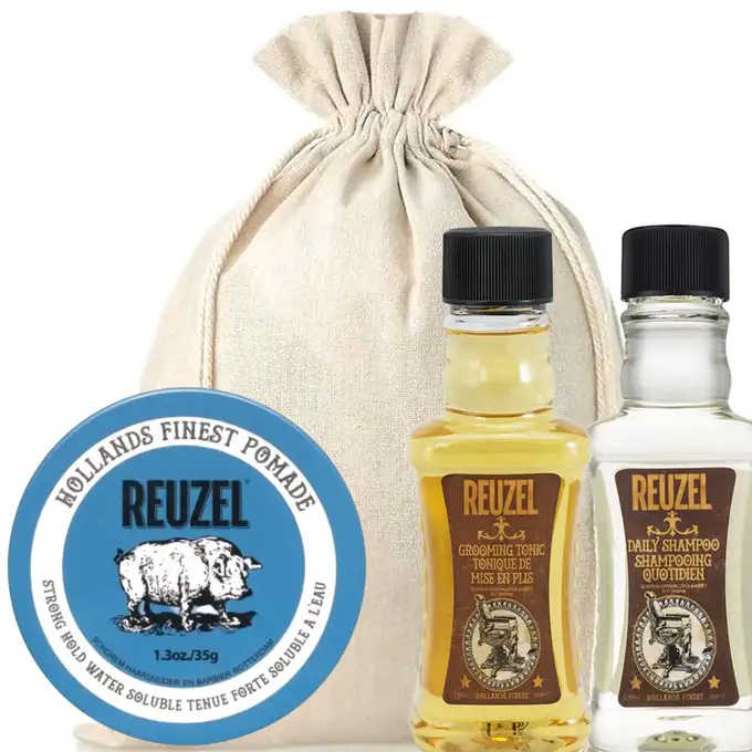 Zestaw prezentowy do stylizacji włosów marki Reuzel - Szampon, prestyler i pomada Reuzel Blue