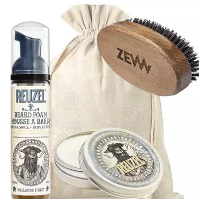 Zestaw do pielęgnacji brody Wood and Spice - Reuzel balsam do brody, Reuzel pianka do brody oraz mały kartacz do brody marki ZEW