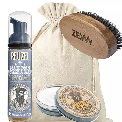Zestaw do pielęgnacji brody - Reuzel balsam do brody, Reuzel pianka do brody oraz mały kartacz do brody marki ZEW