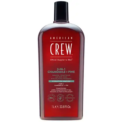 American Crew - 3w1 męski szampon żel pod prysznic i odżywka, zapach rumianku i sosnowych igieł 1000 ml