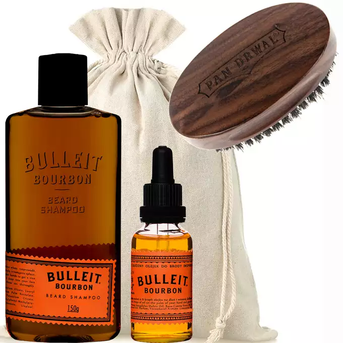Zestaw prezentowy dla mężczyzny marki Pan Drwal - Olejek, szampon oraz kartacz do brody! Zapach Bulleit Bourbon!