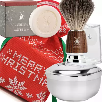 Zestaw prezentowy dla mężczyzny marki Muhle, akcesoria do golenia - Pędzel z włosiem borsuka, stojak na pędzel, mydło do golenia oraz tygiel