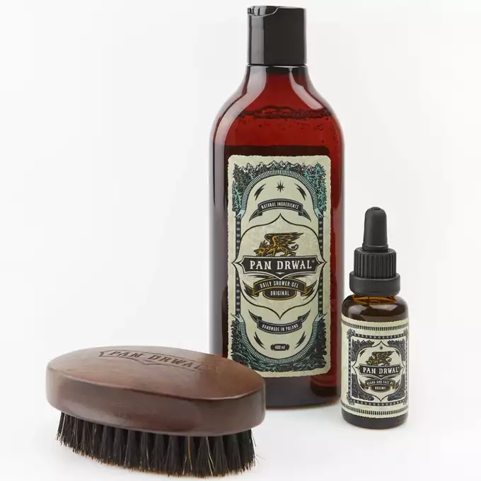 Pan Drwal Zestaw original grooming kit - Żel pod prysznic, kartacz oraz olejek do brody 30ml o oryginalnym męskim zapachu