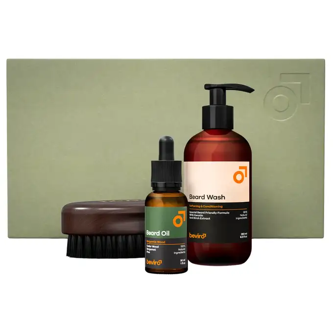 Beviro - Bergamia Wood Beard Care Kit - Zestaw do pielęgnacji brody (olejek, szampon oraz szczotka)