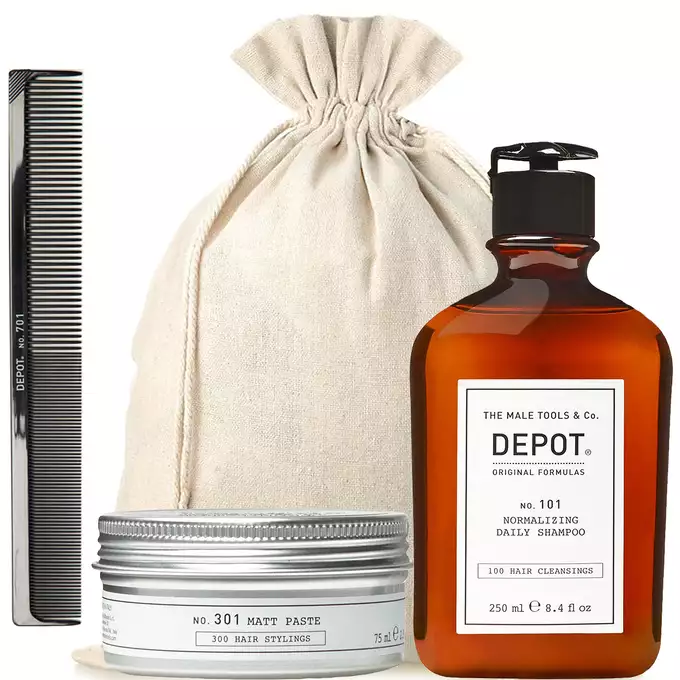 Zestaw prezentowy dla mężczyzny marki Depot Male Tools - Szampon do włosów 101 oraz pasta do stylizacji 301 z grzebieniem 701