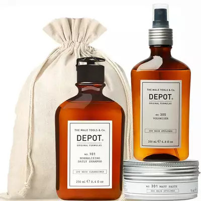 Depot Male tools - Zestaw prezentowy dla mężczyzny, taty, męża lub chłopaka - szampon 101, prestyler 305 oraz pasta 312
