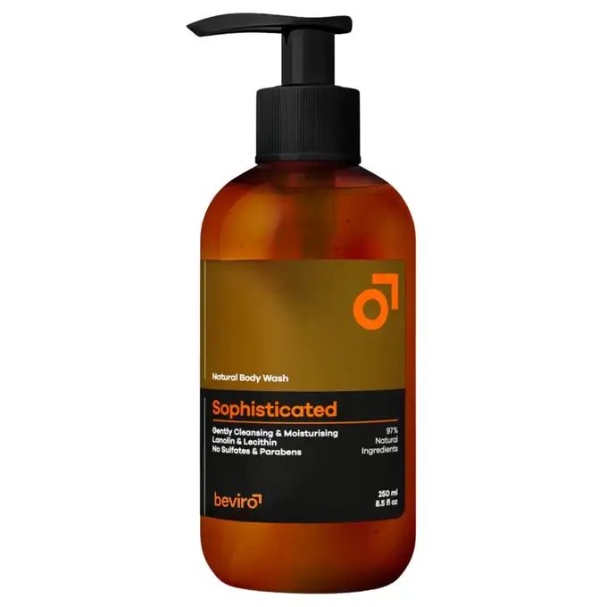 Beviro Natural Body Wash Sophisticated - Naturalny żel do mycia ciała o zapachu bergamotki, kolendry, cedru - dla dojrzałych mężczyzn 250ml