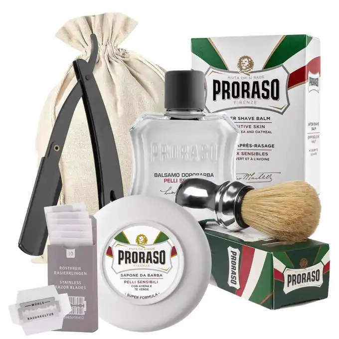 Zestaw prezentowy do golenia - Pędzel, mydło i balsam po goleniu Proraso oraz brzytwa z paczką żyletek Muhle