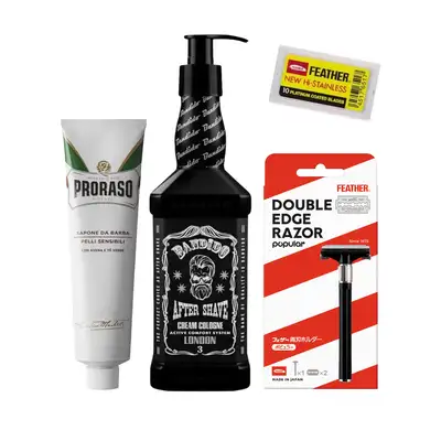 Prezent Na Dzień Taty - Krem do golenia Proraso, maszynka wraz z żyletkami Feather oraz balsam po goleniu Bandido London