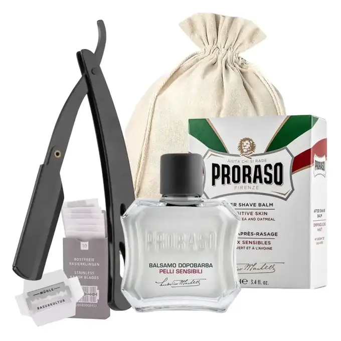 Zestaw do golenia z brzytwą - Czarna brzytwa, balsam po goleniu Proraso oraz paczka żyletek Muhle