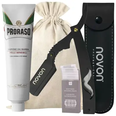 Zestaw do golenia z brzytwą - Krem do golenia Proraso, czarna brzytwa oraz paczka żyletek Muhle