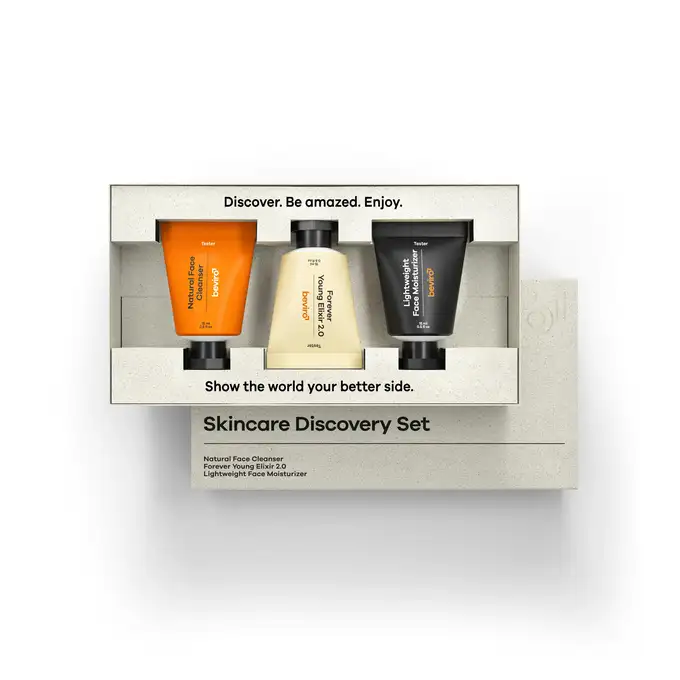 Beviro - Skincare Discovery Set - Żel do mycia twarzy, krem nawilżający oraz Forever Young 2.0 Elixir 3x15ml