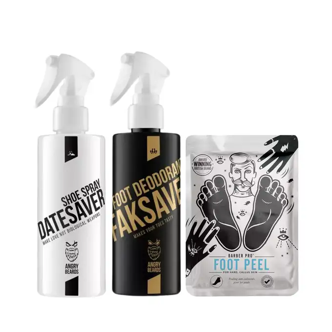 Prezent Na Dzień Ojca - Angry Beards dezodorant do stóp, dezodorant do obuwia oraz Barber Pro złuszczające skarpety do stóp 