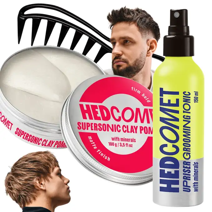 Zestaw do stylizacji włosów HEDCOMET - Pomada Supersonic Clay, tonik Upriser, grzebień teksturyzujący oraz worek