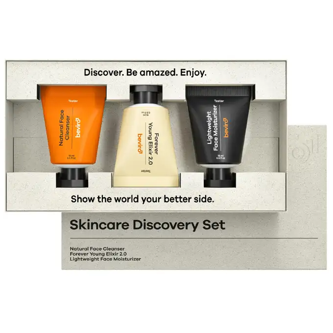 Beviro - Skincare Discovery Set - Żel do mycia twarzy, krem nawilżający oraz Forever Young 2.0 Elixir 3x15ml