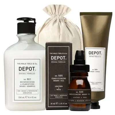 Zestaw do pielęgnacji brody DEPOT - Szampon, olejek o drzewno-skórzanym zapachu oraz peeling