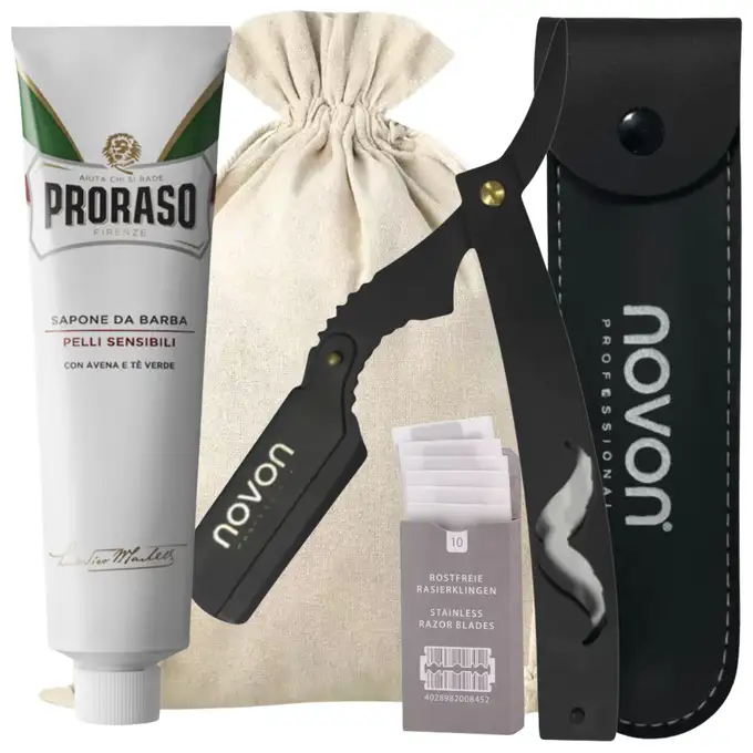 Zestaw do golenia z brzytwą - Krem do golenia Proraso, czarna brzytwa oraz paczka żyletek Muhle