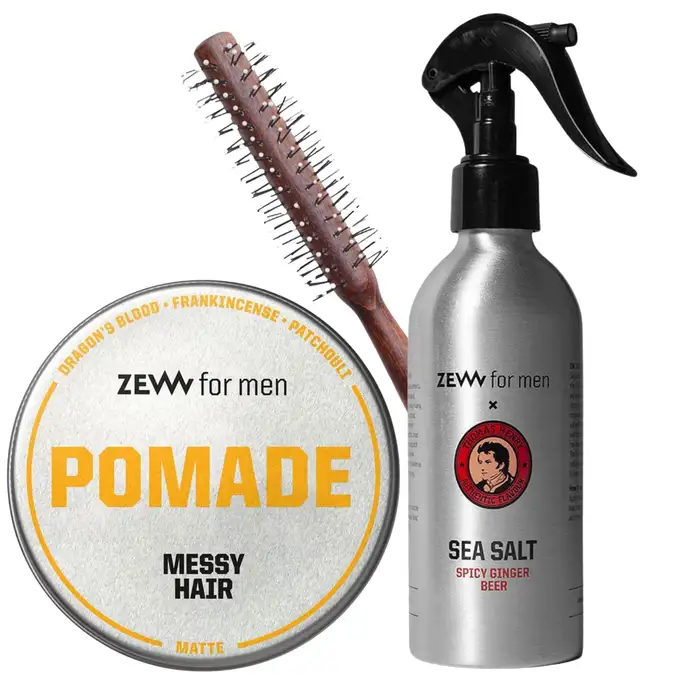 Zew for Men zestaw do stylizacji włosów - Pomada messy hair, sól morska x Thomas Henry i roller 