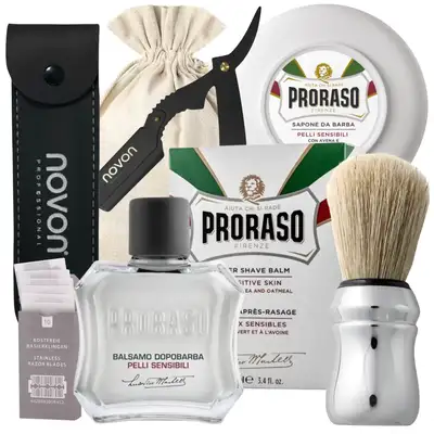 Zestaw prezentowy do golenia - Pędzel, mydło i balsam po goleniu Proraso oraz brzytwa z paczką żyletek Muhle