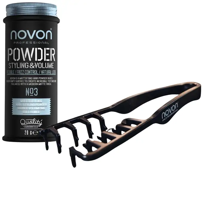 Zestaw do Stylizacji Włosów Novon Professional: Puder zwiększający objętość Volume Powder No:03 (20g) + Profesjonalny czarny grzebień teksturyzujący