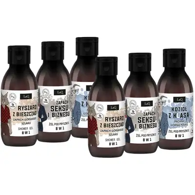 LAQ Czyściopak MĘSKI MINI 6x100ml: 2x Zapach Seksu i Biznesu, 2x Ryszard z Bieszczad, 2x Kozioł z Klasą kraft-Czarny