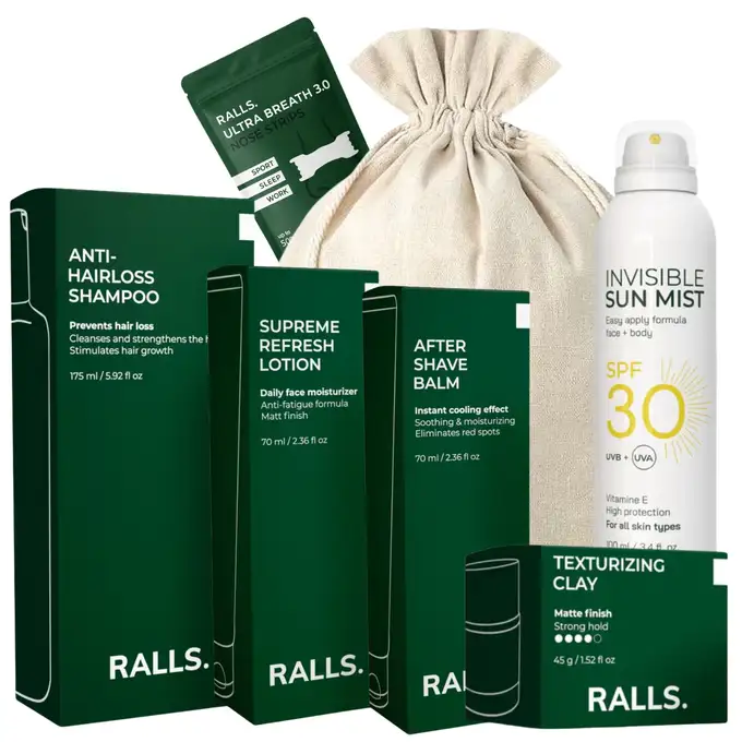 Ralls Zestaw Powitalny - Szampon, glinka, krem, balsam, mgiełka SPF oraz paski na nos